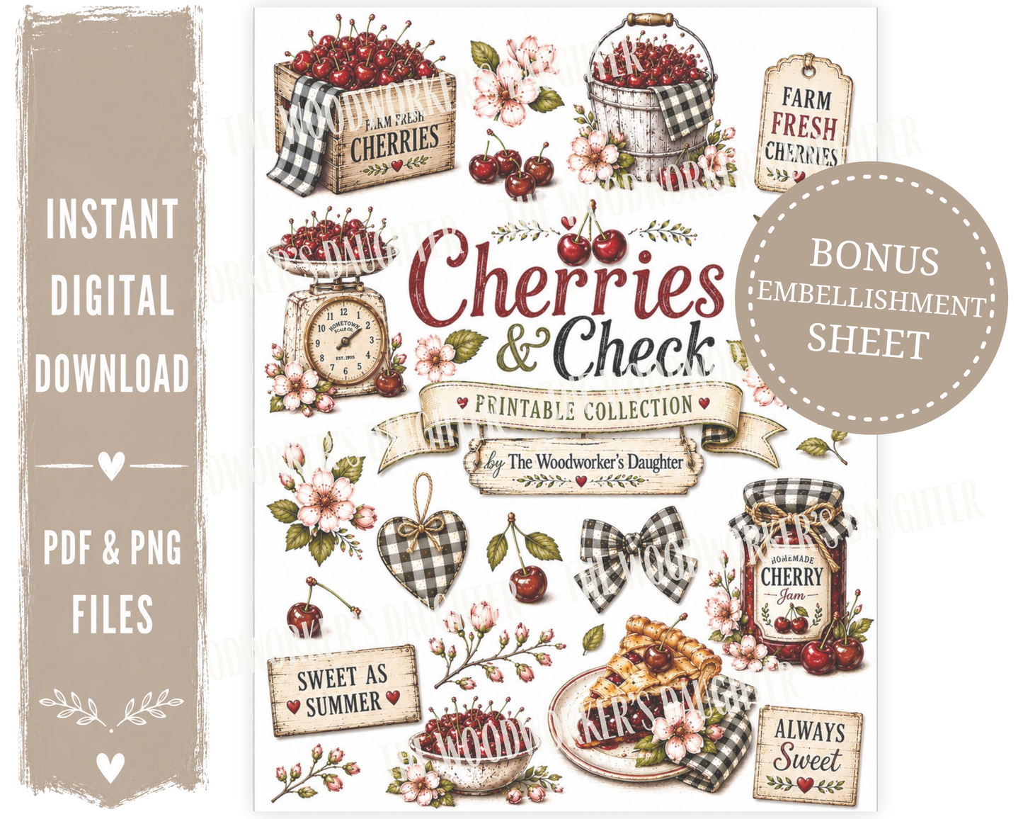 Cherries & Check Farmhouse Printable Collection | Cherry Graphics for Wood Crafts, Decoupage & DIY Decor