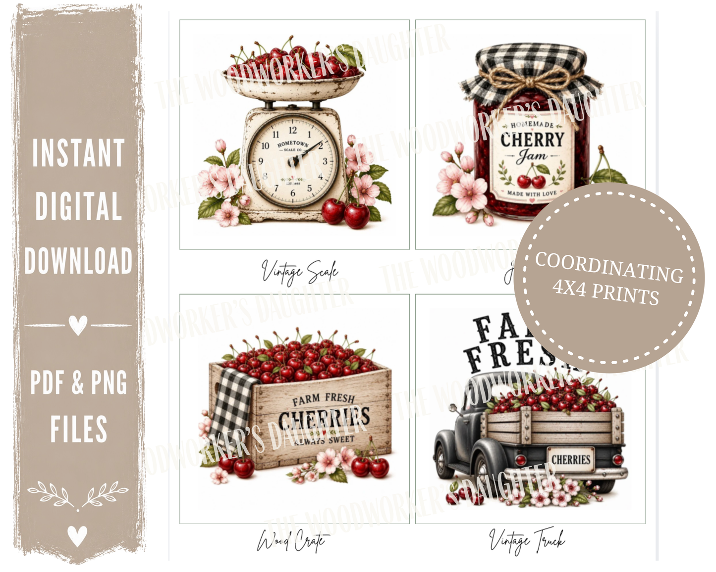 Cherries & Check Farmhouse Printable Collection | Cherry Graphics for Wood Crafts, Decoupage & DIY Decor