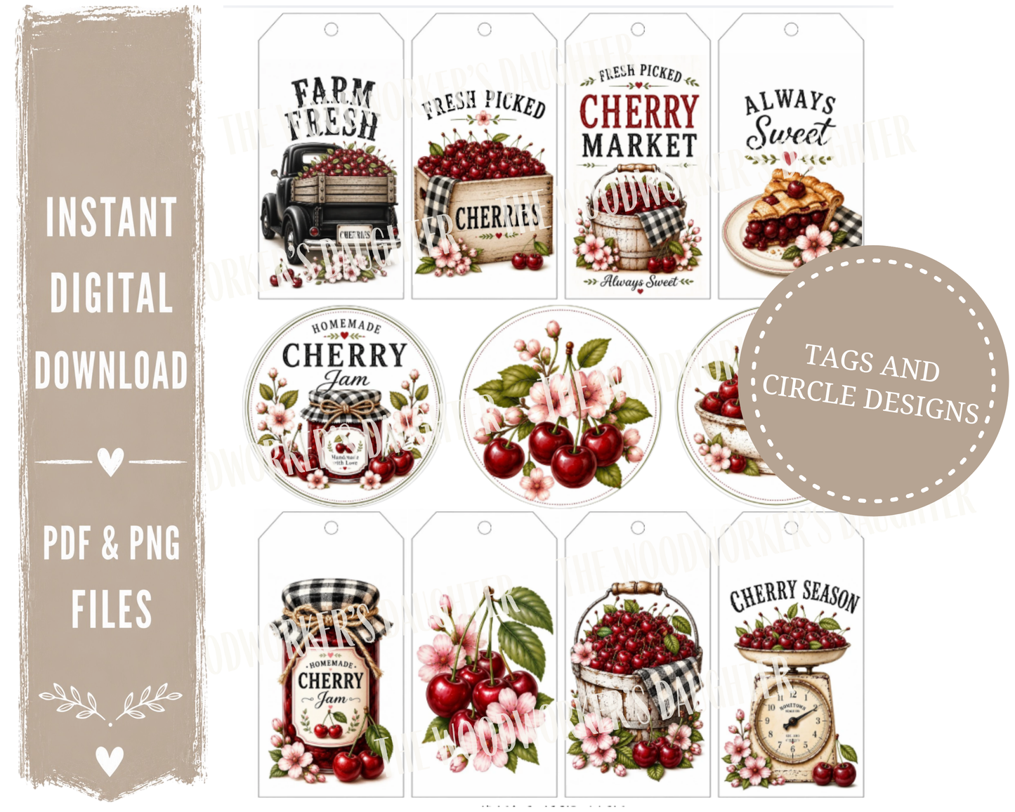 Cherries & Check Farmhouse Printable Collection | Cherry Graphics for Wood Crafts, Decoupage & DIY Decor