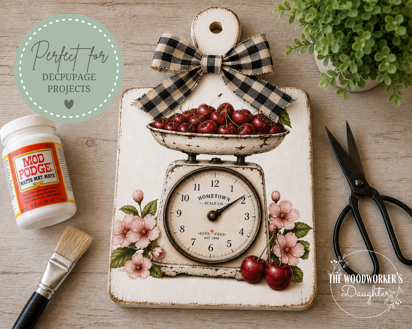 Cherries & Check Farmhouse Printable Collection | Cherry Graphics for Wood Crafts, Decoupage & DIY Decor