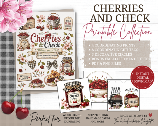 Cherries & Check Farmhouse Printable Collection | Cherry Graphics for Wood Crafts, Decoupage & DIY Decor