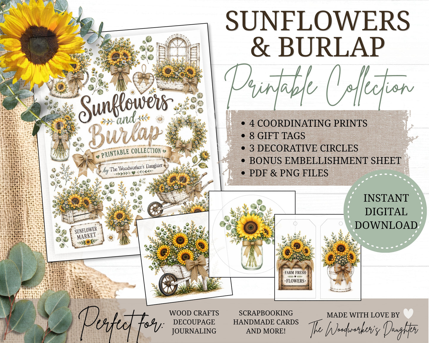 Sunflower Market Printable Collection | Sunflower Graphics for Wood Crafts, Decoupage & DIY Decor